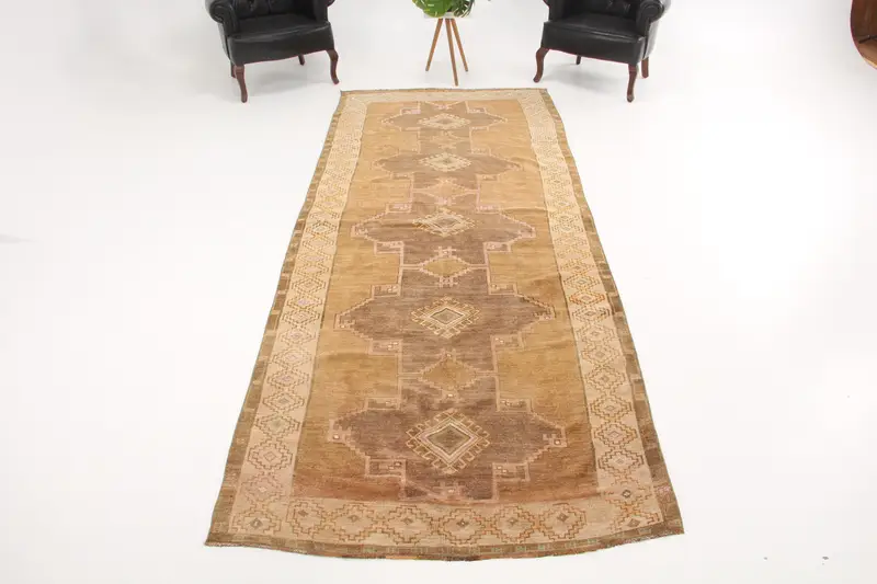 4.7x11.9 ft Rug, Runner Turkish Rug, Brown Oushak Solid Rug - 1