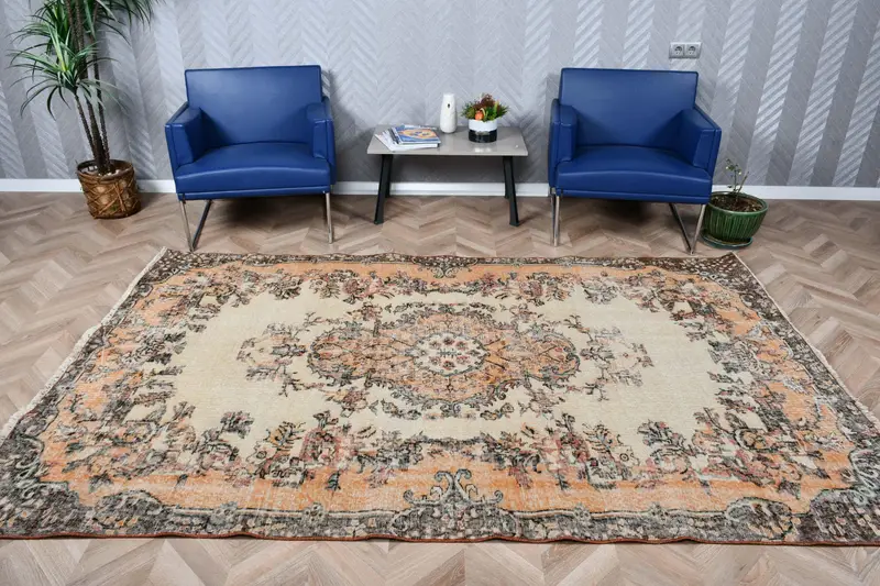 Alfombra turca, alfombra grande de 5,6x8,9 pies, alfombra vintage de lana oriental marrón - 1