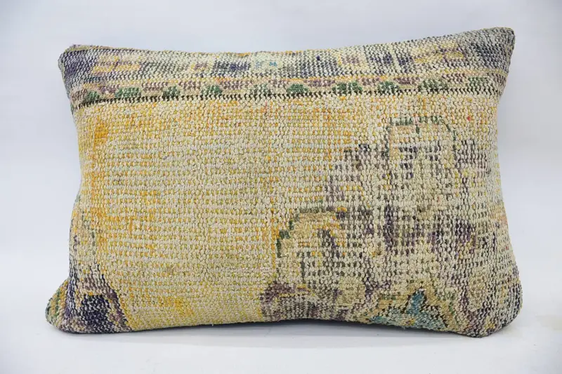 Ethnical Kilim Rug Pillow, Pillow Sham, Floor Pillow Cover, 16x24 Yellow Cushion Cover, Interior Designer Pillow, Kilim Pillow Cover - 1
