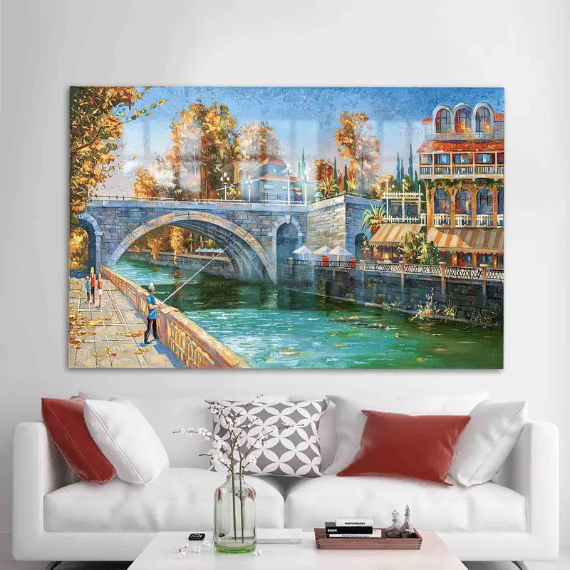 プリントガラス：秋の漁師の川の風​​景