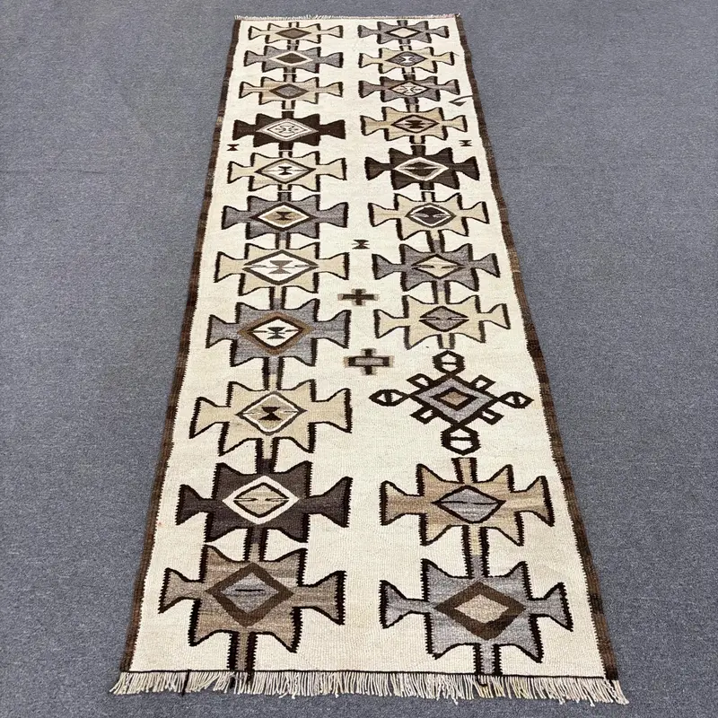Kilim Halı, 3.2x8.7 ft Türk Halısı, Kahverengi Çiçekli Halı Yün - 1