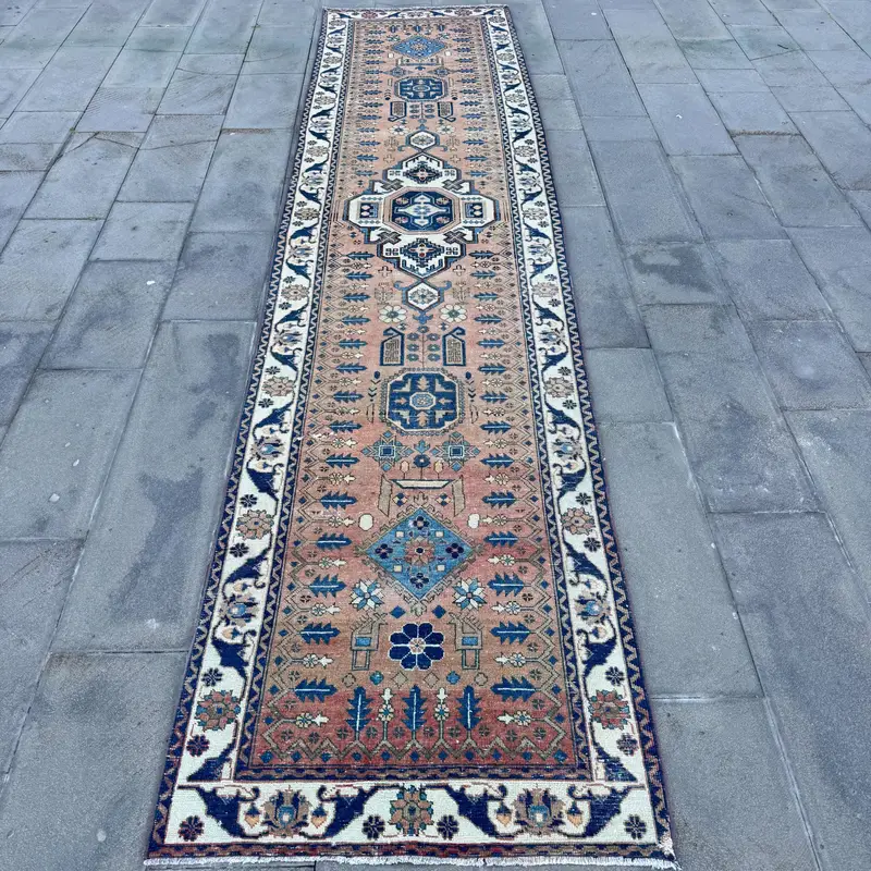 Turkish Vintage Rug, 3.2x13.8 ft Oushak Rug, Blue Runner Floral Rug - 1