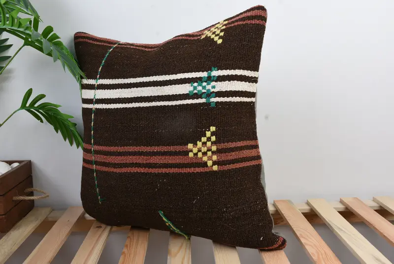 Cushion, Boho Pillow, Vintage Pillow, Living Room Throw Pillow Case, 20x20 Brown Pillow Sham, Living Room Throw Pillow Cover, Kilim Cushion Sham - 4