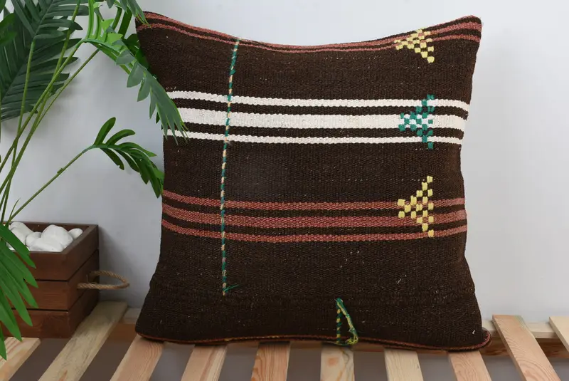 Cushion, Boho Pillow, Vintage Pillow, Living Room Throw Pillow Case, 20x20 Brown Pillow Sham, Living Room Throw Pillow Cover, Kilim Cushion Sham - 1