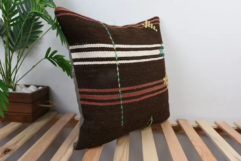 Cushion, Boho Pillow, Vintage Pillow, Living Room Throw Pillow Case, 20x20 Brown Pillow Sham, Living Room Throw Pillow Cover, Kilim Cushion Sham - 5