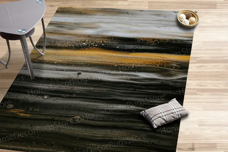 Alfombra estampada brillante, moderna, abstracta, negra, contemporánea, gris aceite, amarillo, dorado