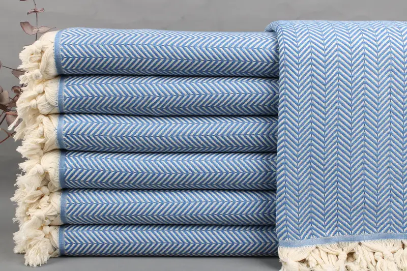 Turkish Throw Blanket Blue Chevron, Handmade Organic Cotton, 75x91 Inches