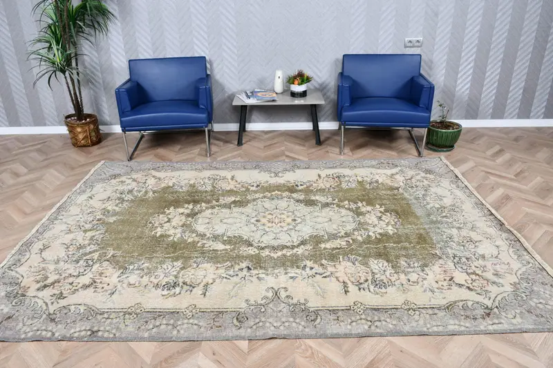 Alfombra de 6,4x9,3 pies, alfombra vintage turca, alfombra de lana de lunares grises - 1
