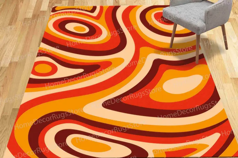 エレガントなプリントラグ：オレンジトーンの奇抜でグルーヴィーな抽象的なパターン