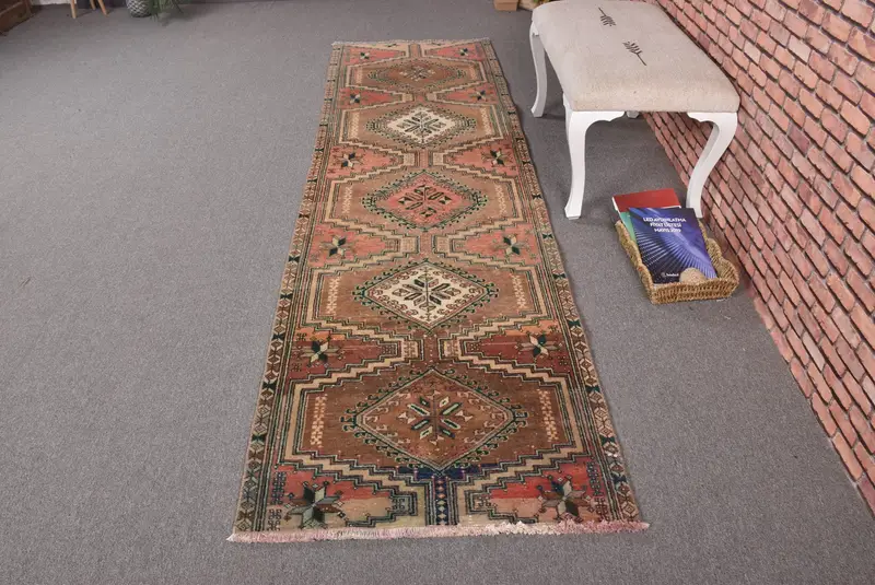 Turkish Vintage Rug, 2.7x9.6 ft Runner Rug, Brown Oushak Plants & trees Rug - 1