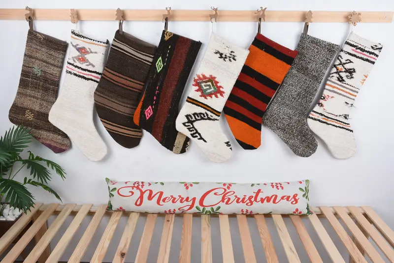 Patrón de adornos navideños festivos, calcetín de dulces de 8 pulgadas de ancho