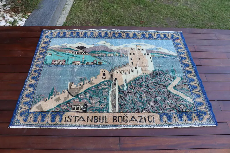 Oushak Halı, 4.9x3.4 ft Türk Halısı, Mavi Yün Halı - 1