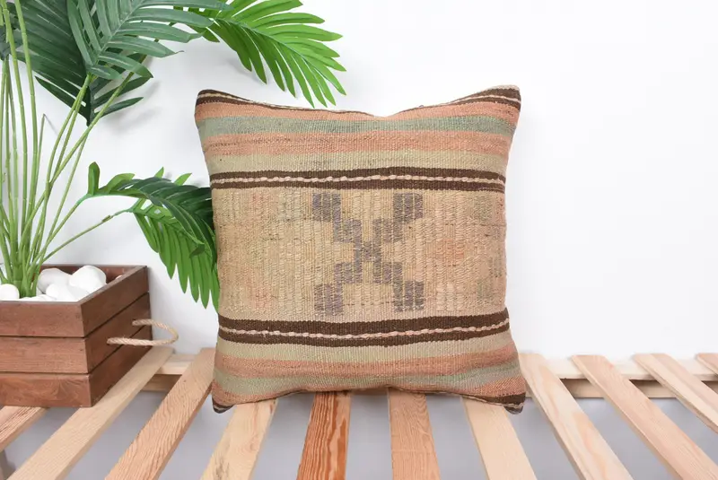 Rustic Cushion, Cushion Cover, 16x16 Beige Pillow, Vintage Kilim Pillow, Kilim Cushion Sham, Throw Kilim Pillow, Ethnic Throw Cushion Cover - 1