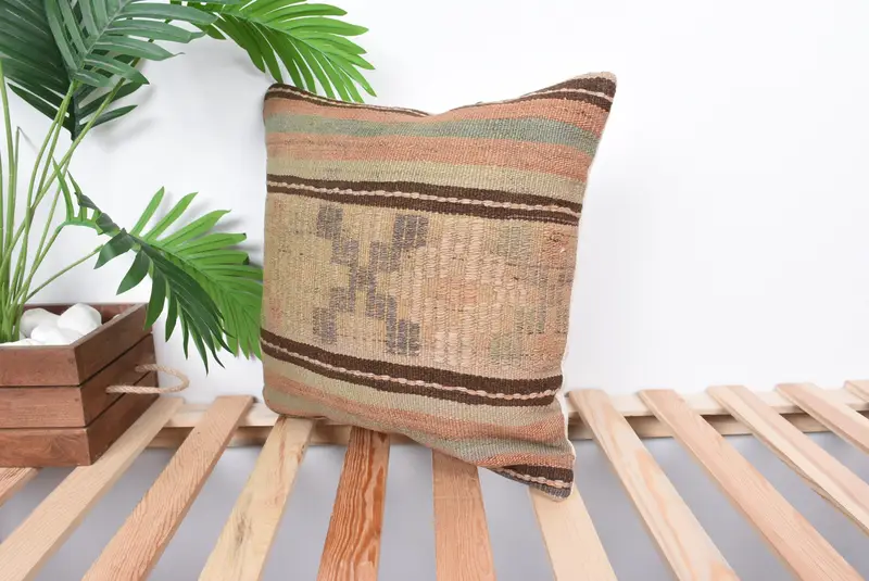 Rustic Cushion, Cushion Cover, 16x16 Beige Pillow, Vintage Kilim Pillow, Kilim Cushion Sham, Throw Kilim Pillow, Ethnic Throw Cushion Cover - 5