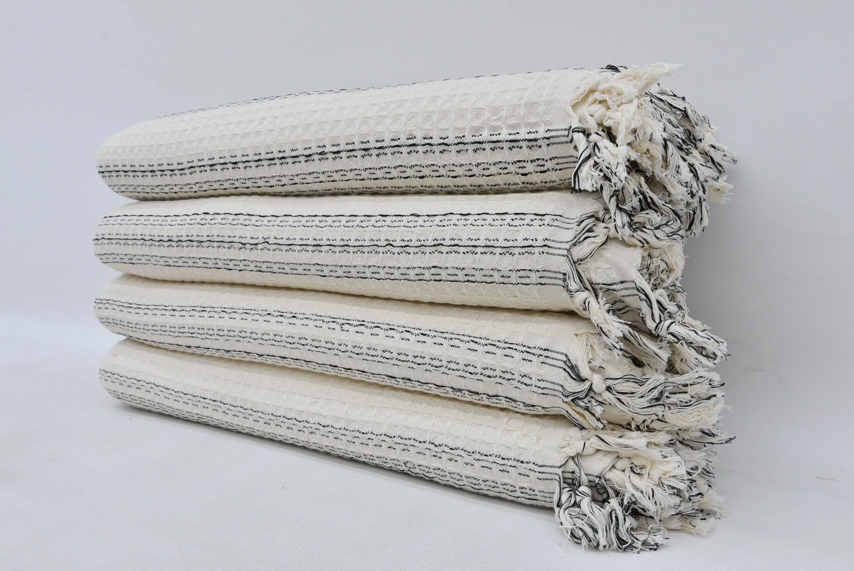 Fringed Turkish Blanket Beige Geometric Pattern Cotton, 70x90 - 1
