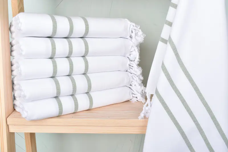 Turkish Towels Beach Embroidered Khaki Green Striped Towel, 40x71 Inches