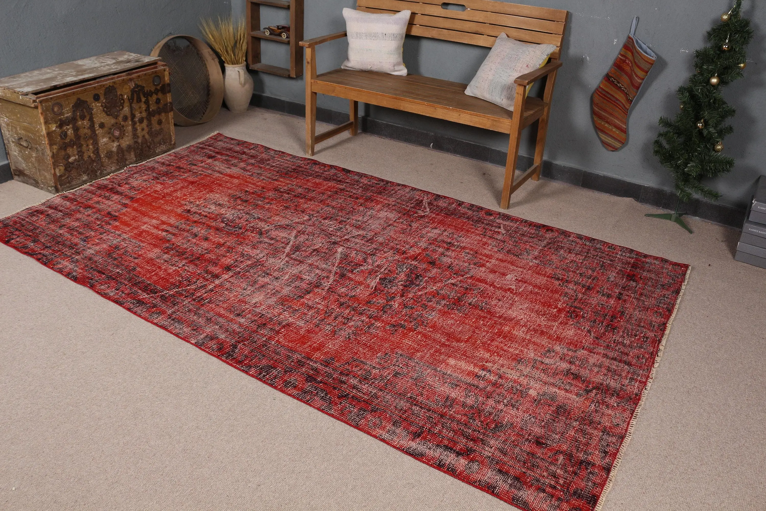 Vintage 5.2x9.1 ft Halı, Türk Halısı, Kırmızı İkat Halı Yün - 1