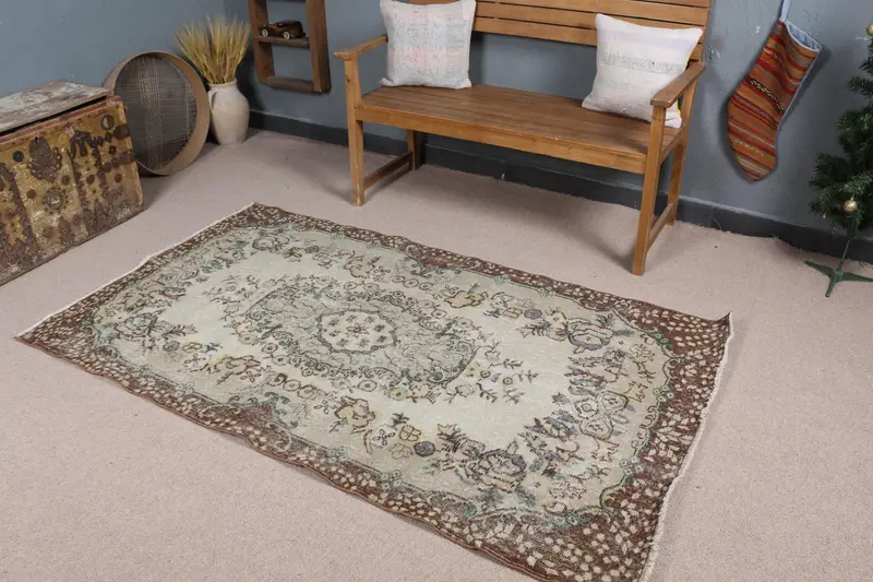 エレガントなベージュ&ブラウンラグ、3.7x6.6フィート花柄&幾何学模様