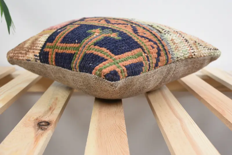 Armchair Cushion Cover, Pillow Sham, Ethnical Kilim Rug Pillow, Gift Pillow, Vintage Kilim Throw Pillow, 12x12 Blue Pillow Cover - 6