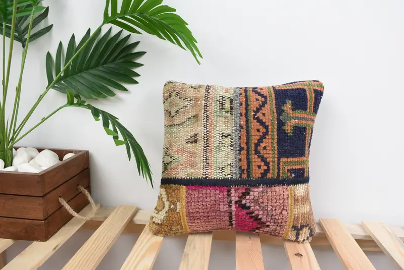 Armchair Cushion Cover, Pillow Sham, Ethnical Kilim Rug Pillow, Gift Pillow, Vintage Kilim Throw Pillow, 12x12 Blue Pillow Cover - 1