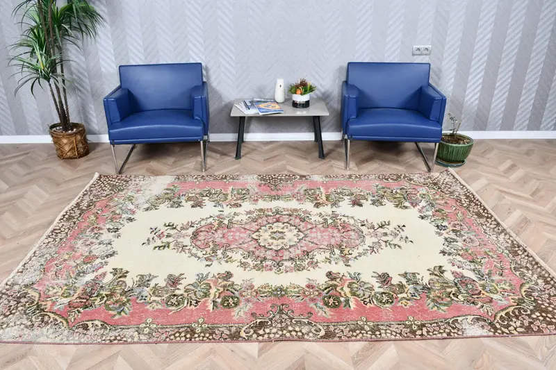 Vintage Türk Halısı, 5.6x9.1 ft Oushak Halı, Kırmızı Beyaz Kamuflaj Yün Halı - 1