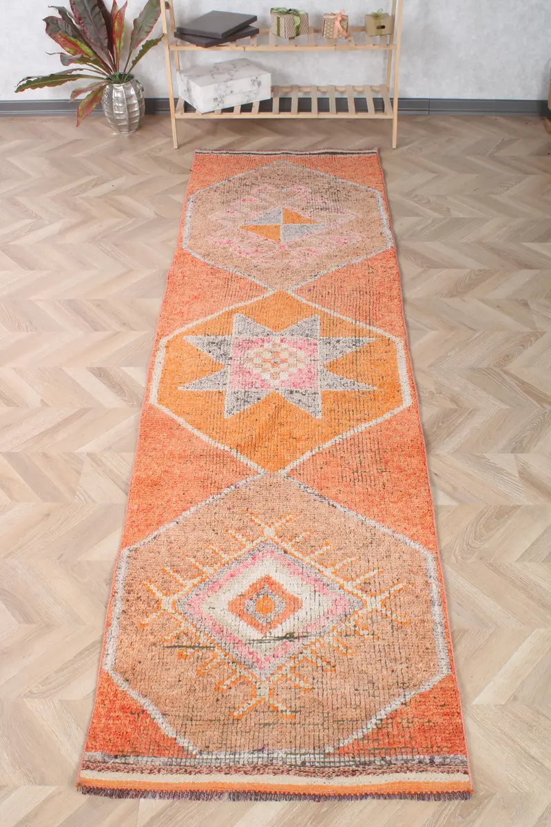 Vintage Runner Rug, 2.6x9.5 ft Turkish Rug, Orange Southwestern Wool Rug - 1