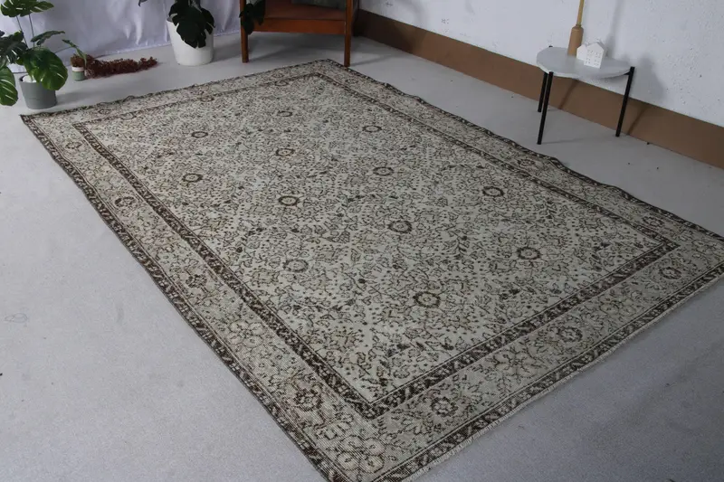 Türk Halısı, 6.1x9.2 ft Büyük Halı, Kahverengi Gri Oushak Yün Halı - 1