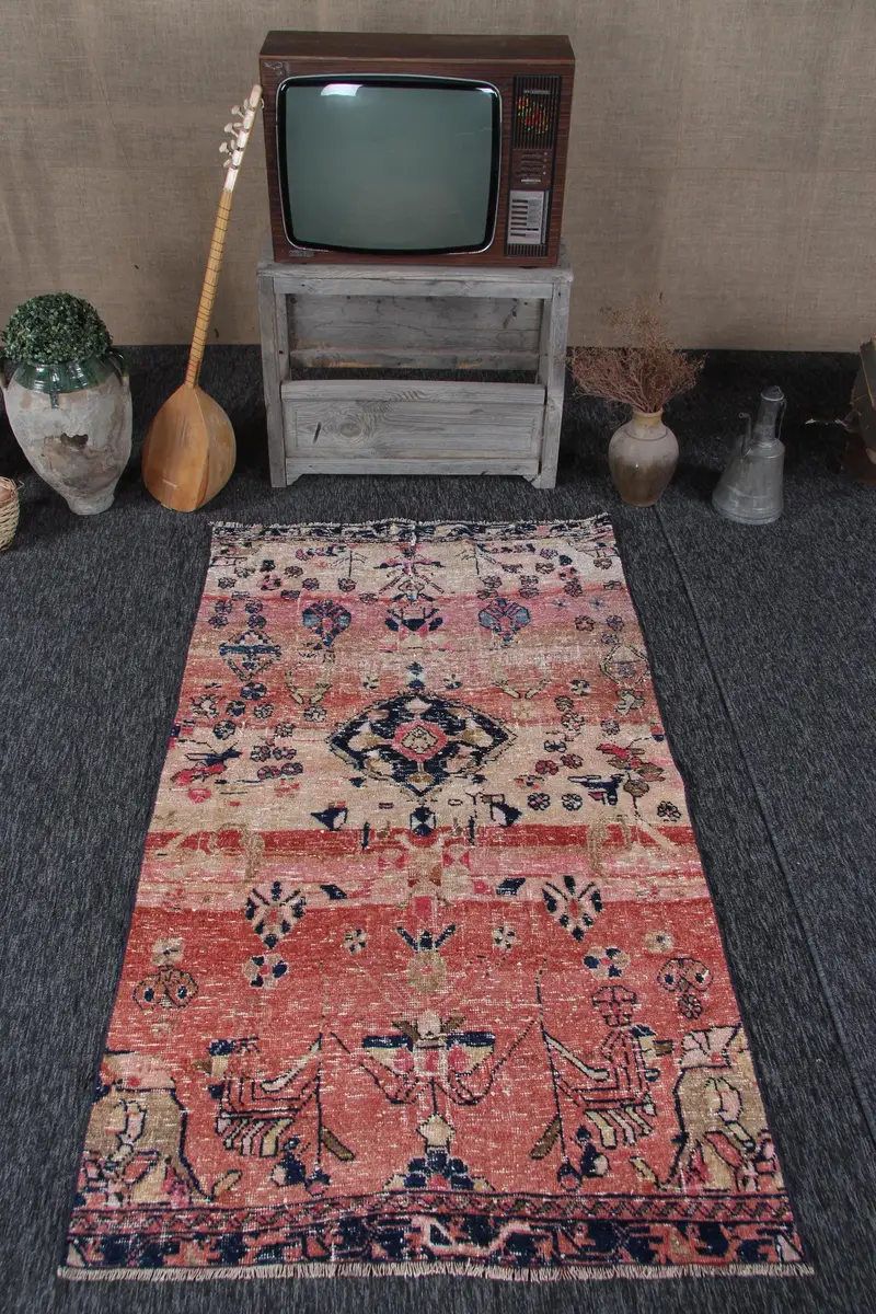 3.5x6.3 ft Vintage Rug, Accent Turkish Rug, Red Moroccan Rug - 1