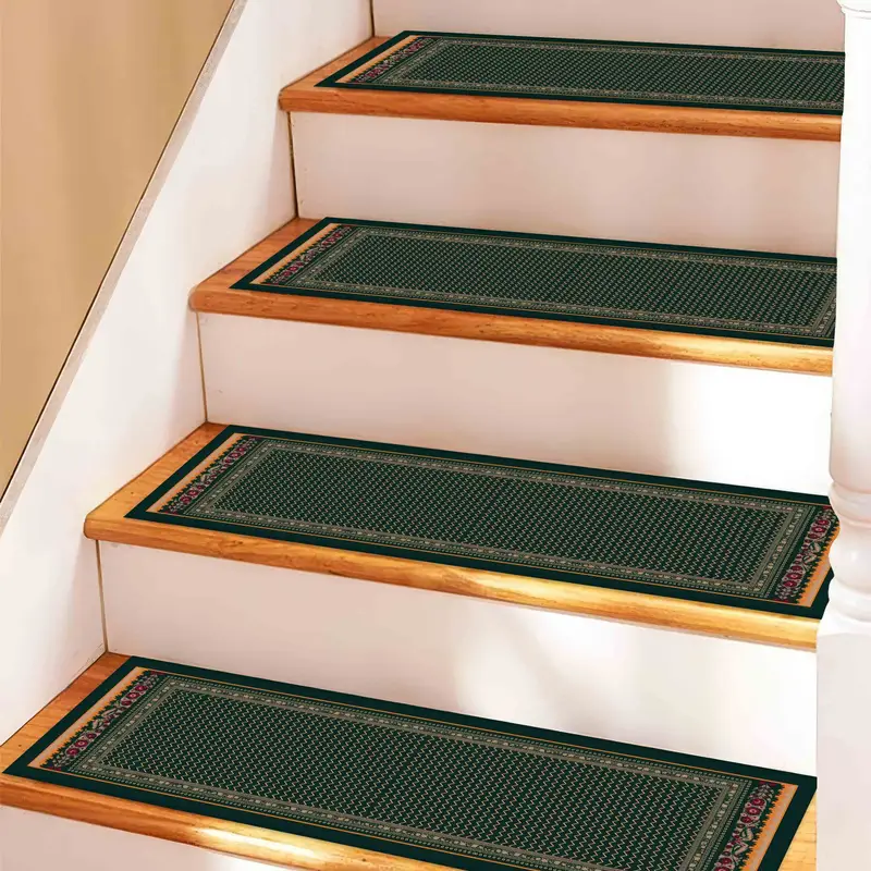 Geometric Green & Orange Printed Rug with Bohemian Floral Accents