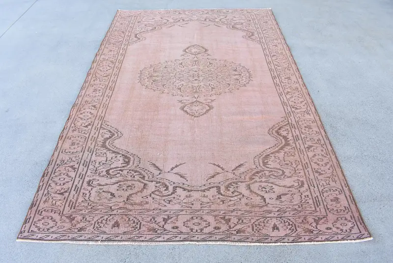 Turkish 5.3x8.4 ft Rug, Oushak Vintage Rug, Bronze Abstract Wool Rug - 1