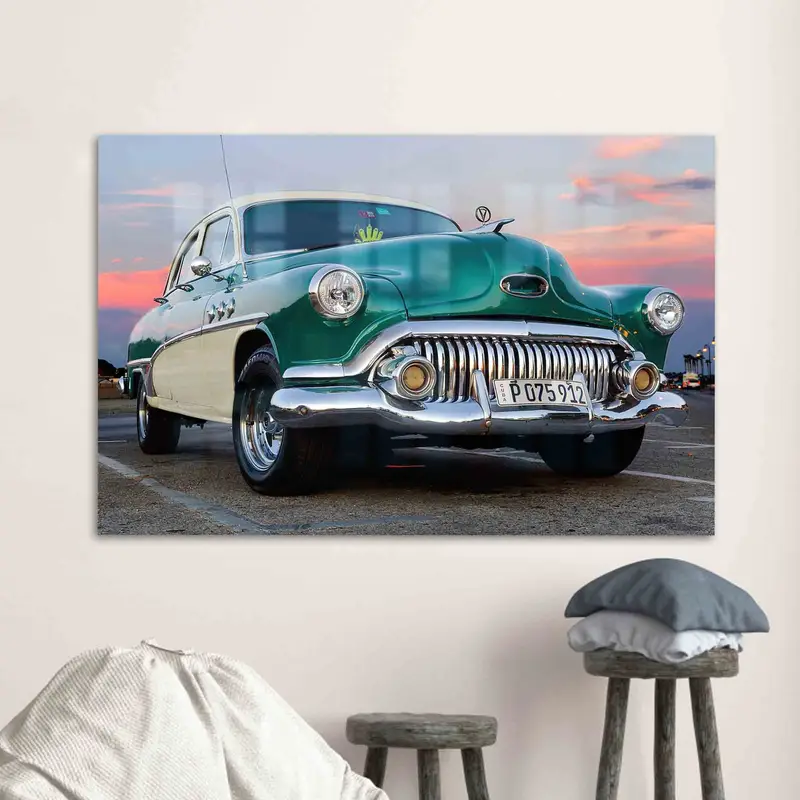 Vintage Car Printed Glass: Retro Car Lover's Elegant Gift