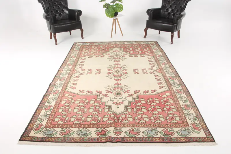 Alfombra turca vintage grande 185x295 cm, alfombra Oushak de rayas rojas - 1