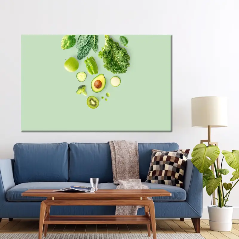 Lienzo elegante de alimentos verdes: manzana, kiwi, ensalada y brócoli Lámina artística