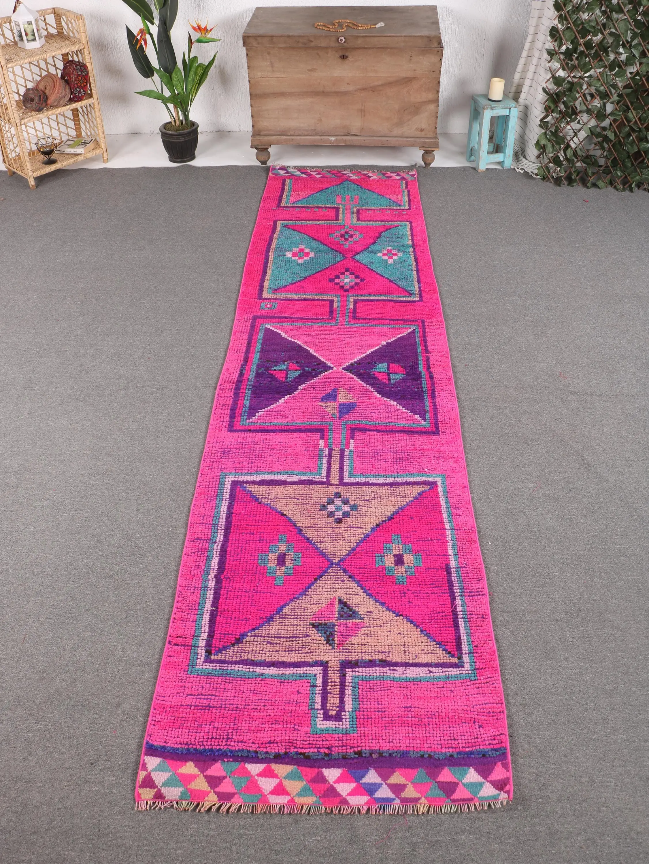 Turkish Vintage Runner Rug 2.7x11.2 ft, Pink Blue Floral Wool Rug - 1