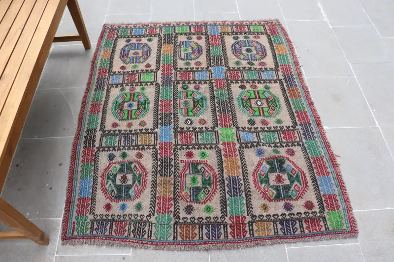 4x4.6 ft Accent Vintage Halı, Türk Halısı, Kırmızı Yeşil Güneybatı Yün Halı - 1