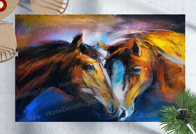 モダンな抽象馬プリントラグ：エレガントな農家の装飾