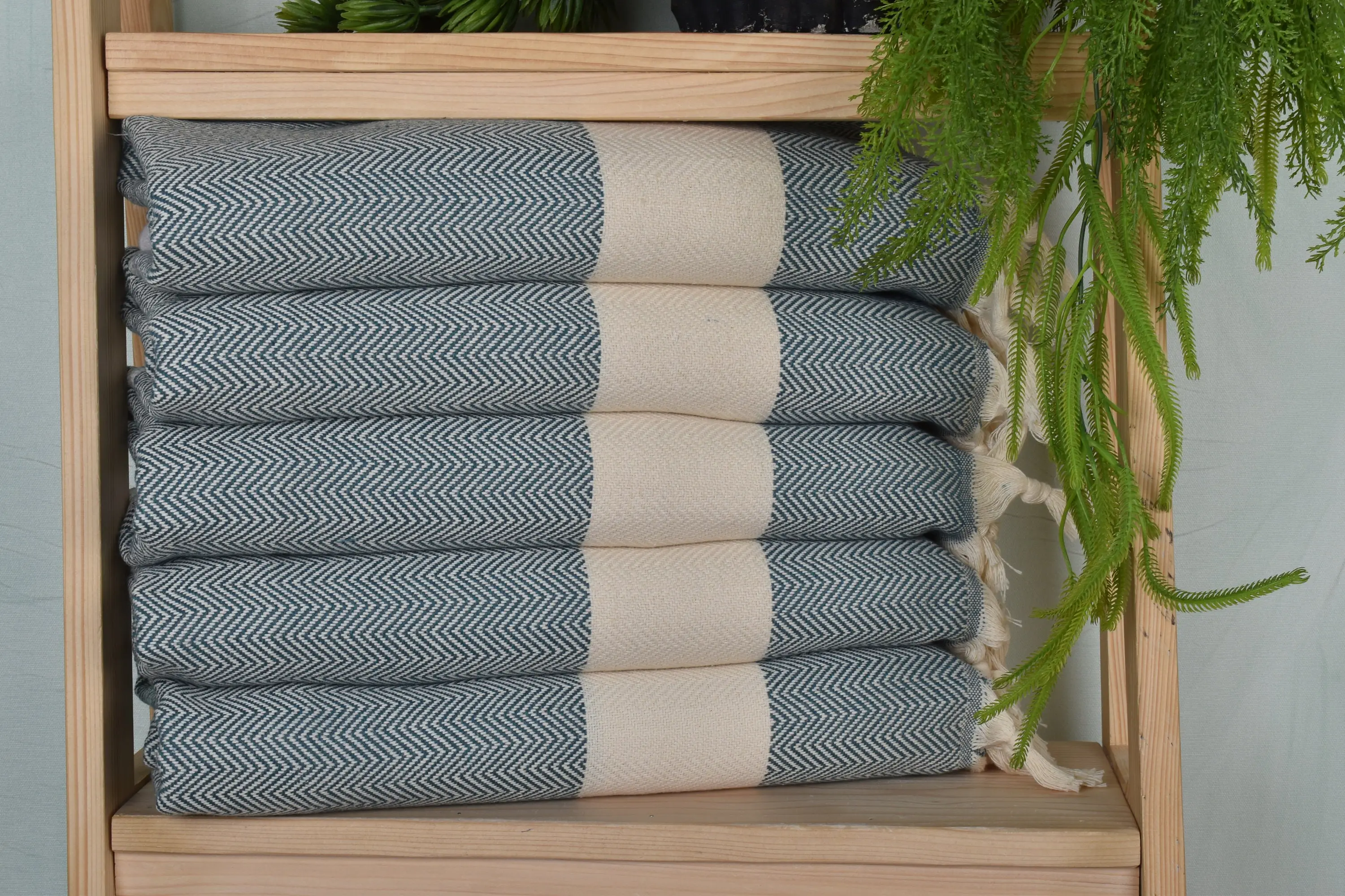 Herringbone Hand Towel Petrol Blue Cotton, 18x36 Inches - 1