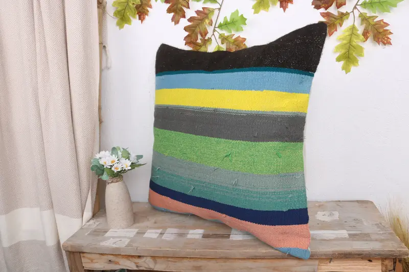 20x20 Green Cushion Cover, Cushion Cover, Kilim Pillow Cover, Turkish Pillow, Patio Pillow Cover, Vintage Kilim Throw Pillow - 4