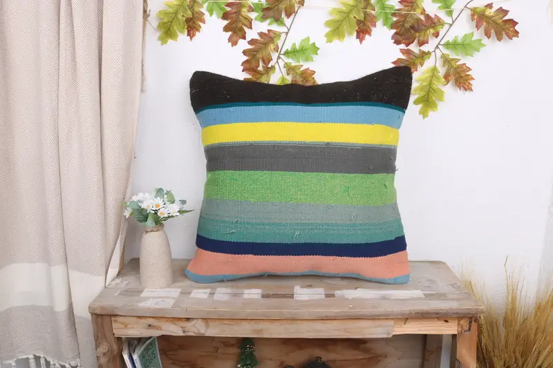 20x20 Green Cushion Cover, Cushion Cover, Kilim Pillow Cover, Turkish Pillow, Patio Pillow Cover, Vintage Kilim Throw Pillow - 1