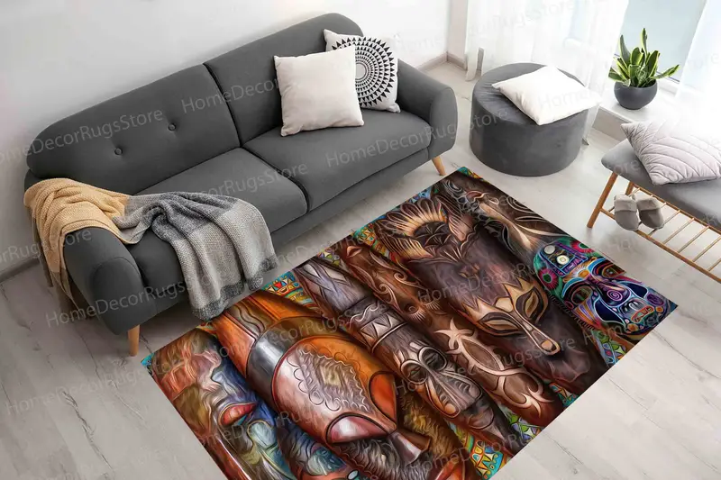 トレンディな茶色の抽象的なアフリカのマスク プリント ラグ - モダン エレガンス