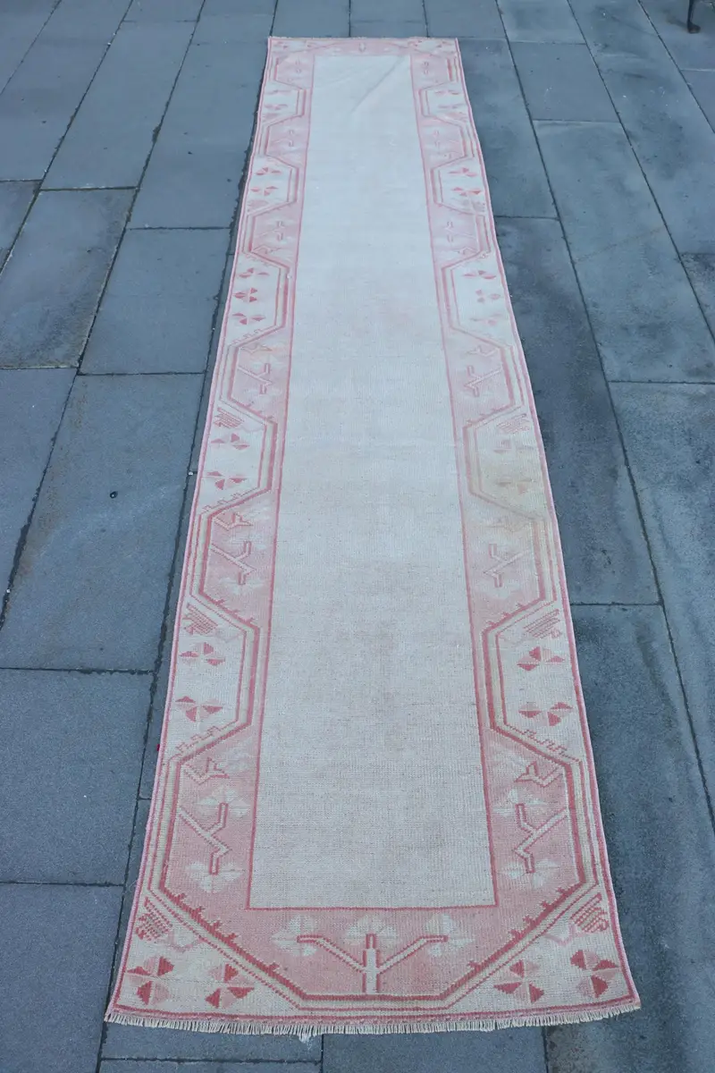 Vintage Turkish Rug, 2.3x10.7 ft Runner Rug, Beige Pink Solid Rug - 1