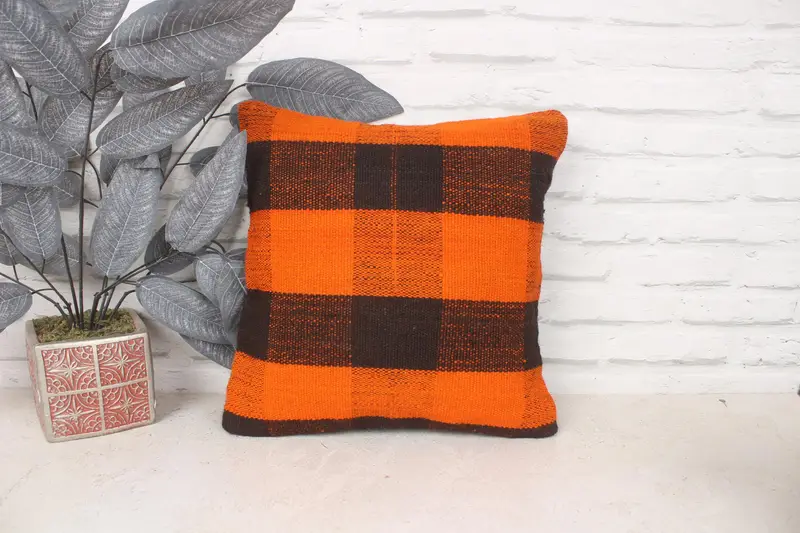Almohada de lanzamiento de kilim vintage, almohada de regalo, cubierta de cojín tejida a mano, cubierta de cojín de naranja 14x14, almohada de kilim, cojín de tiro al aire libre, almohada - 1