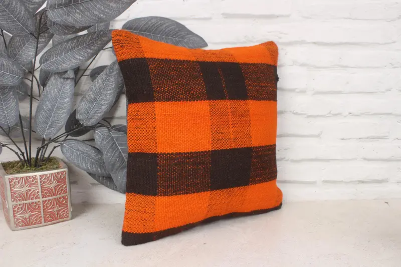 Almohada de lanzamiento de kilim vintage, almohada de regalo, cubierta de cojín tejida a mano, cubierta de cojín de naranja 14x14, almohada de kilim, cojín de tiro al aire libre, almohada - 3