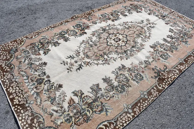 Turkish Large Rug 5.4x9.2 ft, Vintage Oushak Brown Wool Rug - 1