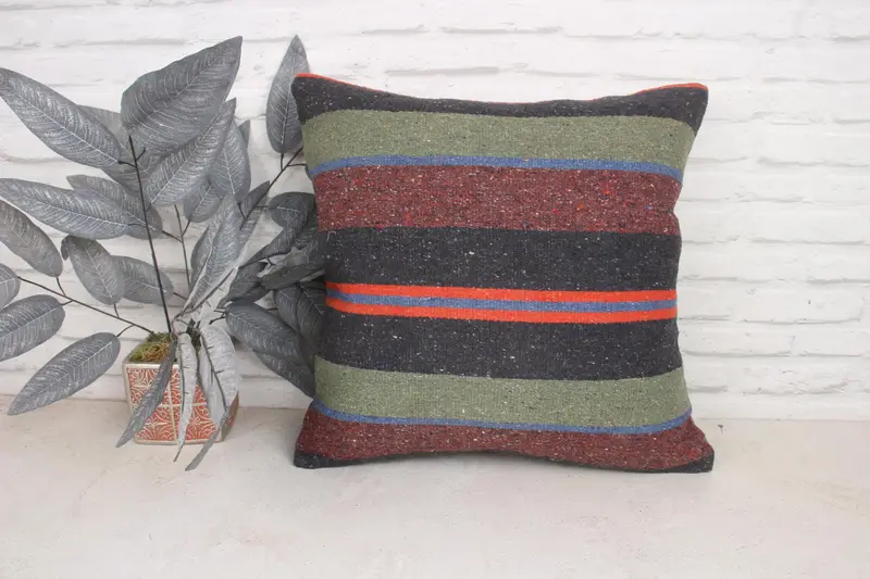 Oriental Pillow Cover, Pillow for Couch, Pillow Sham, Kilim Cushion Sham, Handmade Rug Seat Cushion Case, 20x20 Green Pillow, Turkish Kilim Pillow - 1
