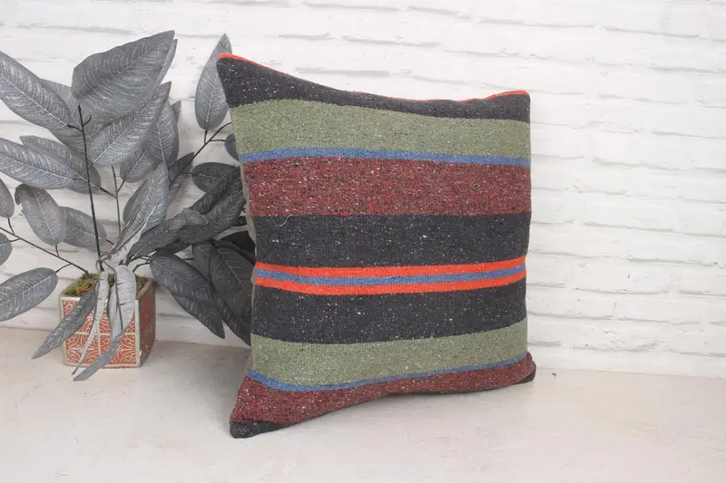Oriental Pillow Cover, Pillow for Couch, Pillow Sham, Kilim Cushion Sham, Handmade Rug Seat Cushion Case, 20x20 Green Pillow, Turkish Kilim Pillow - 3