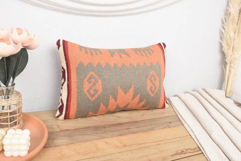 Turkish Pillow, Pillow, Armchair Cushion Case, 12x20 Orange Pillow Cover, Vintage Pillow, Interior Designer Pillow, Handmade Pillow Cover - 1