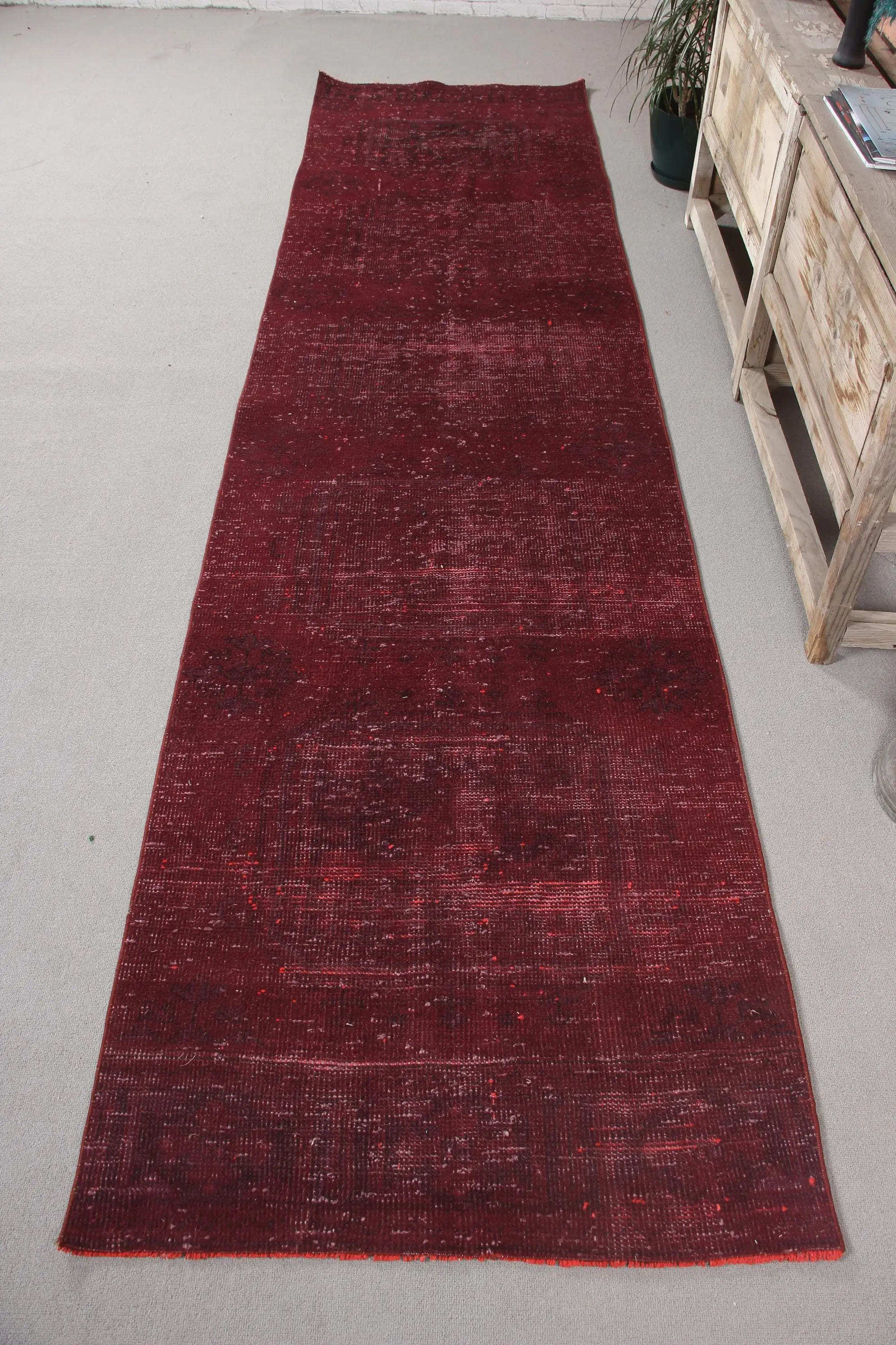 Turkish Rug 2.9x11.4 ft, Red Black Wool Vintage Rug - 1