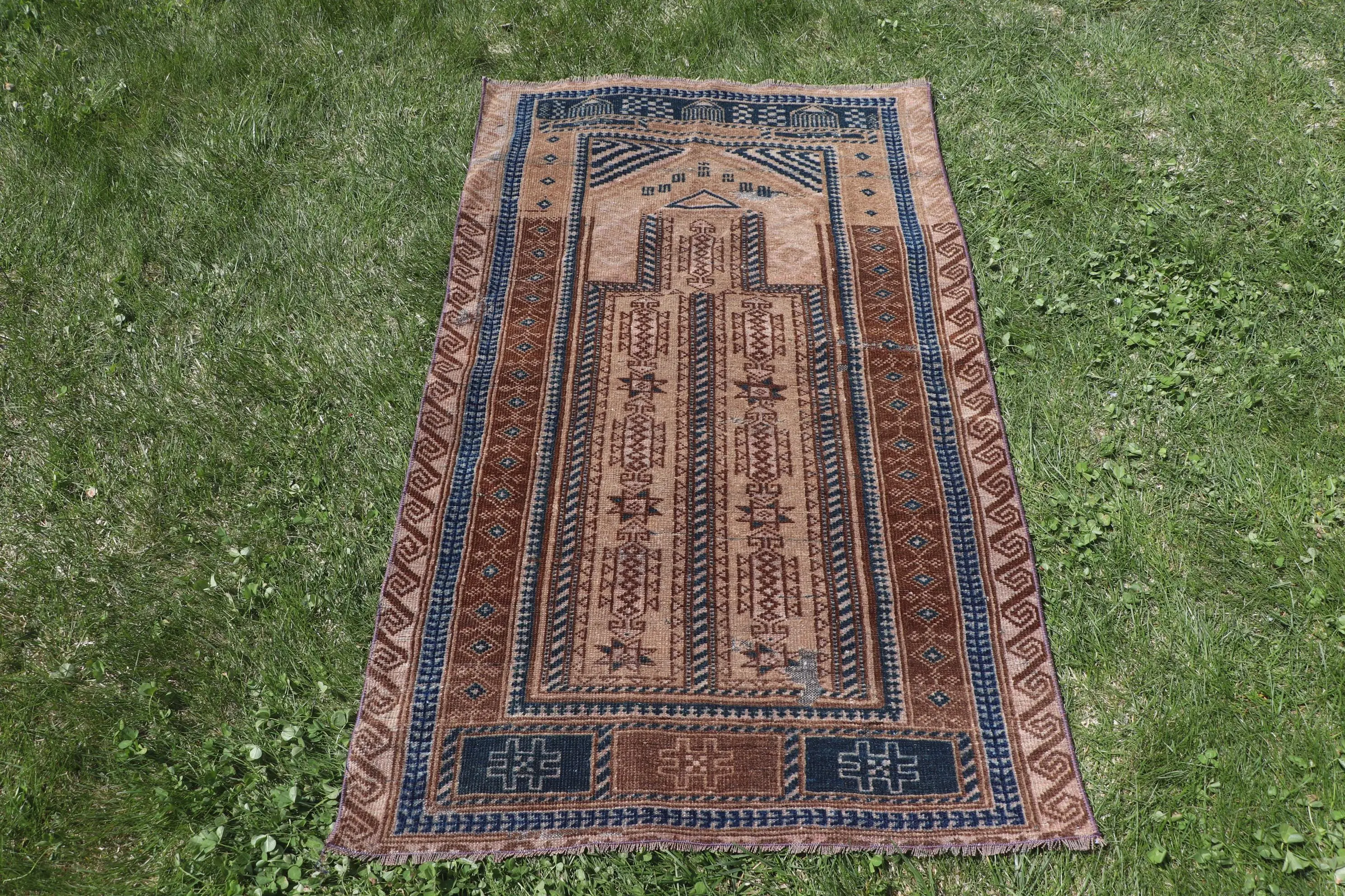 Vintage Turkish Rug 2.7x4.3 ft (81x130 cm), Brown Blue Solid Rug - 1