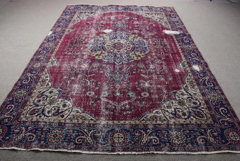 Türk Vintage Büyük Boy Halı 7.1x10.1 ft, Kırmızı Mavi Güneybatı Halı - 1